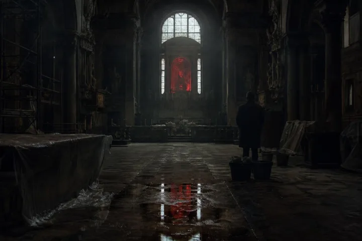 Interno di una chiesa veneziana in restauro con luce fredda e riflessi rossi sul pavimento