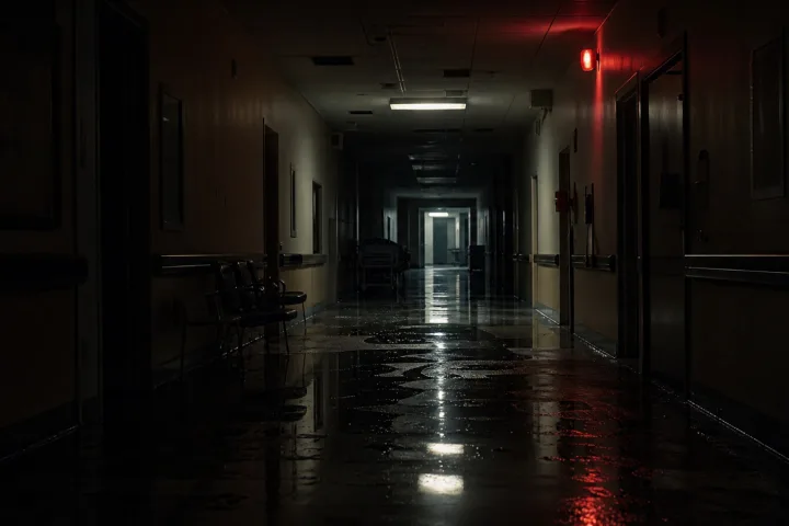 Un corridoio ospedaliero notturno con acqua sul pavimento e una luce rossa d'emergenza