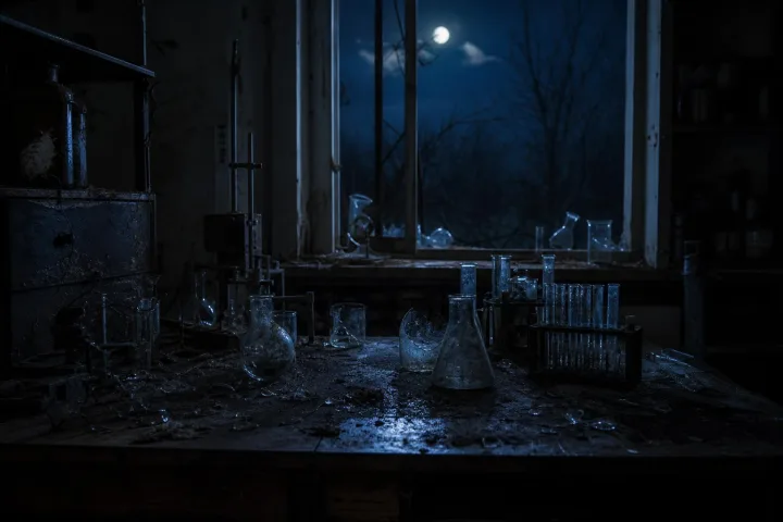 Tavolo di laboratorio abbandonato illuminato dalla luna