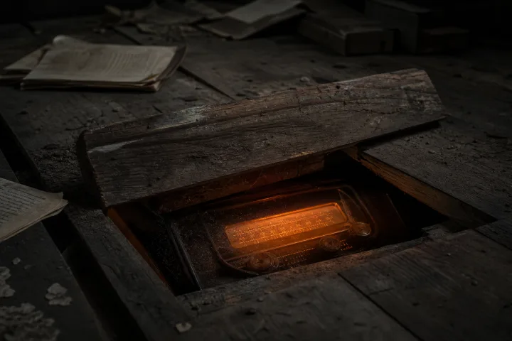 Vecchia radio a valvole sotto assi di legno sollevate in una stanza buia