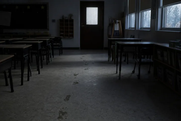 Aula vuota all'alba con piccole impronte bagnate sul pavimento