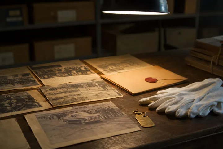 Tavolo d'archivio notturno con guanti, chiave numerata e fascicoli legati a un reperto storico