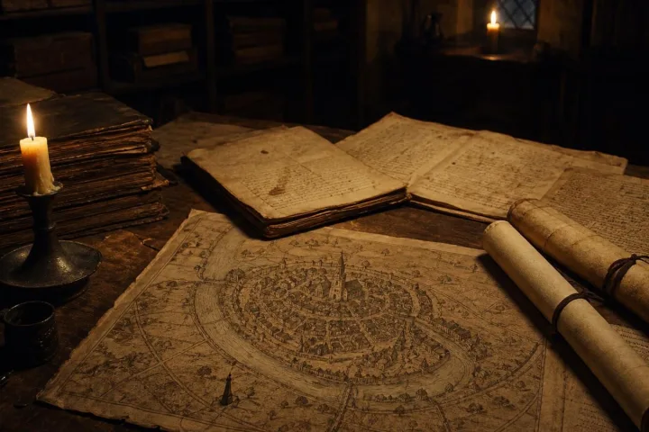 Archivio oscuro con mappe e documenti sulla leggenda di Hamelin