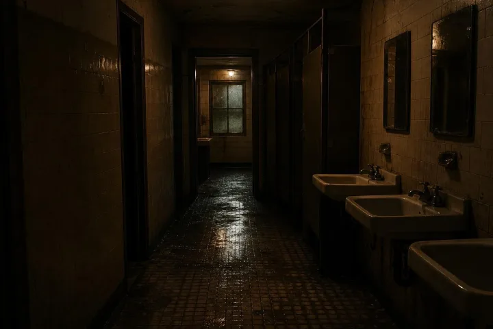 Corridoio buio di un motel anni Sessanta, atmosfera sospesa e inquietante