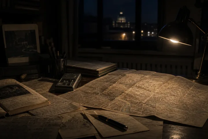 Tavolo d’archivio con mappa, appunti e registratore per indagare leggende urbane romane