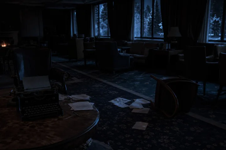 Sala notturna dell'hotel con macchina da scrivere e finestre illuminate dalla neve