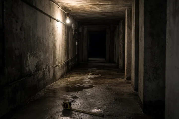 Corridoio sotterraneo in cemento sotto una casa abbandonata, illuminato da una lampadina fioca e da una porta nera sul fondo