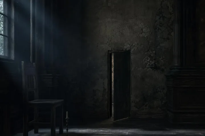 Stanza gotica con parete crepata, sedia vuota e una porta nascosta socchiusa nella penombra.