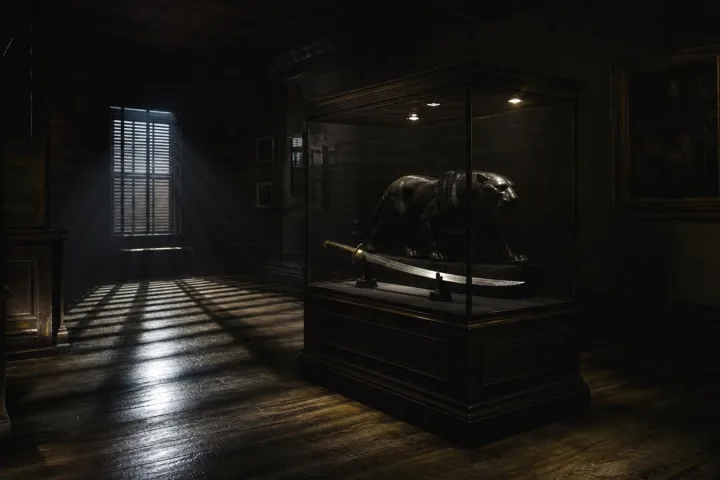 Sala museale buia con una spada antica e una piccola statua di pantera dietro il vetro