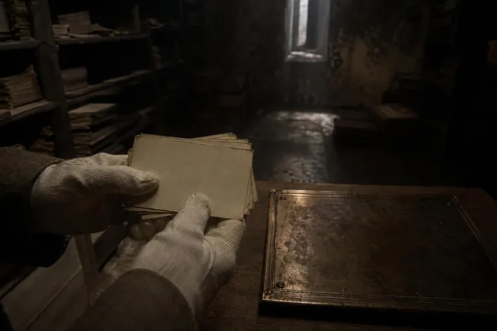 Sala d’archivio in penombra con schede e una targa senza nome