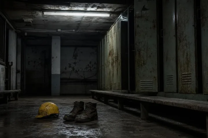 Casco e stivali in uno spogliatoio industriale abbandonato, sotto una luce fredda.