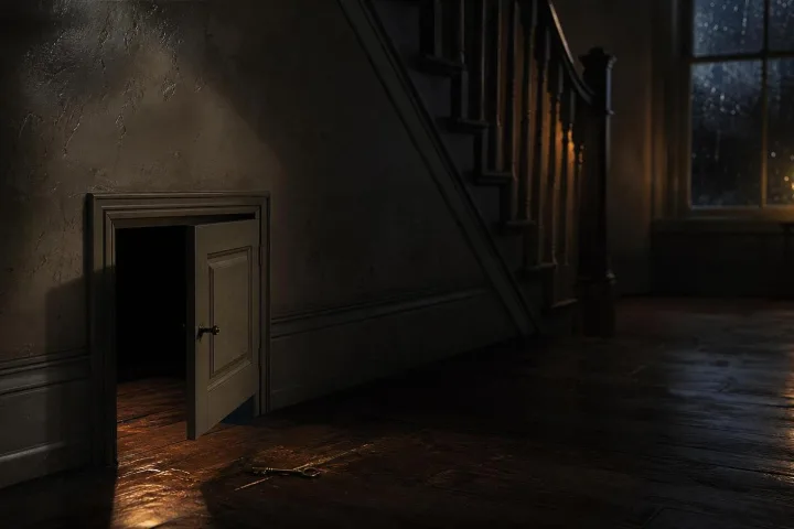 Una piccola porta socchiusa su un pianerottolo vittoriano, con una chiave di ottone illuminata da una candela