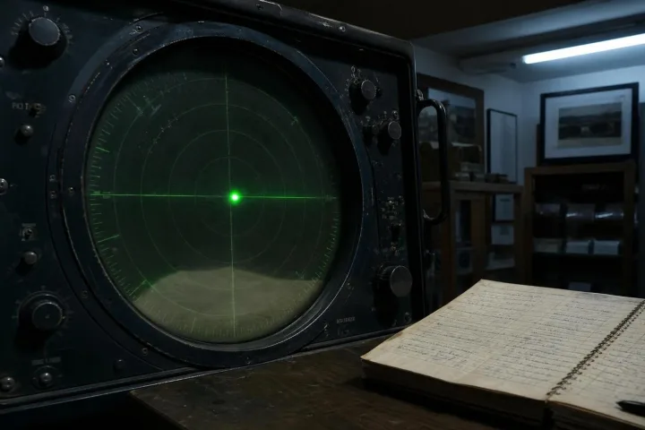 Schermo radar vintage acceso nel buio di una sala museale