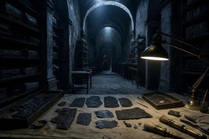 Tavolo di restauro con frammenti anneriti in un archivio buio