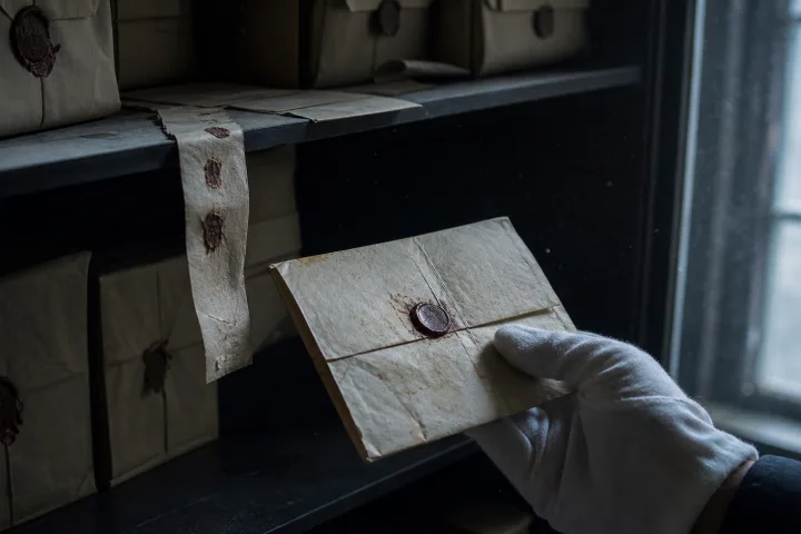 Una mano guantata regge una lettera del 1804 tra buste d'archivio e sigilli consumati