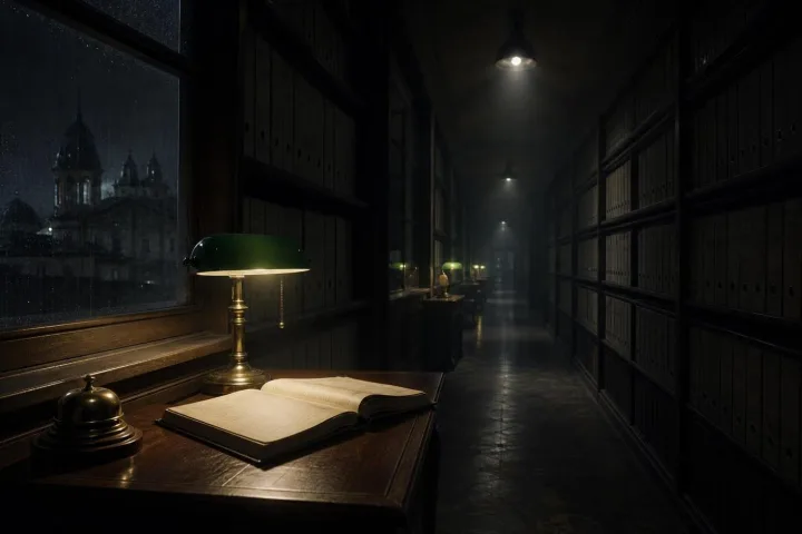 Corridoio notturno d’archivio con registri aperti sotto una lampada verde