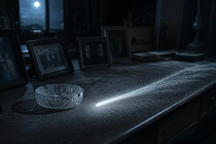 Fotografie di famiglia e oggetti su una scrivania coperti da una sottile scia luminosa nella polvere