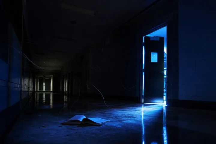 Un quaderno aperto nel corridoio fuori dal laboratorio, illuminato da una luce elettrica azzurra