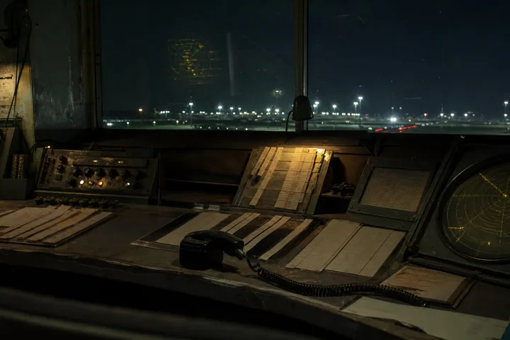 Banco radio anni Cinquanta abbandonato con microfono staccato e strisce di volo illuminate dal radar