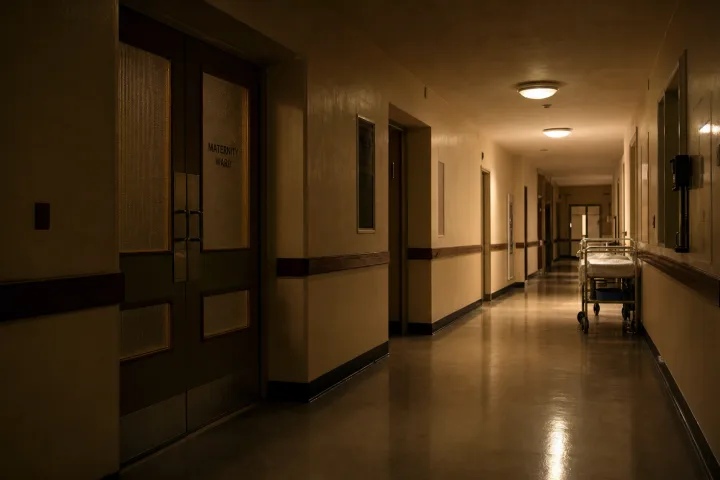 corridoio ospedaliero inglese del 1978 con porte chiuse e luce bassa