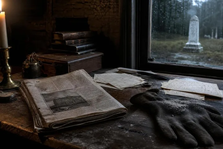 Tavolo d'archivio con lettere, guanto scuro e luce di candela