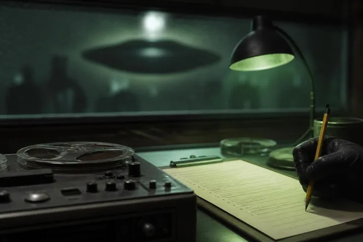 Modulo militare e registratore su un tavolo illuminato da una lampada verde