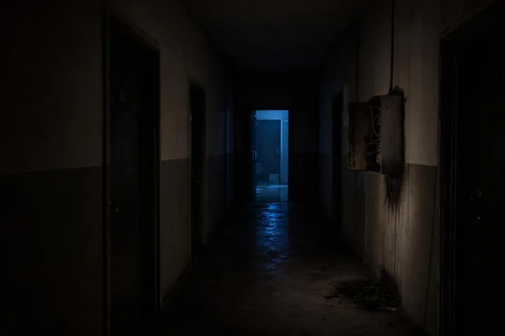 Corridoio di condominio in blackout con una porta illuminata da un bagliore blu e un quadro elettrico aperto