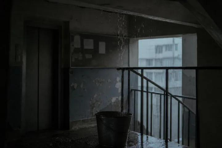 Secchio smaltato su un pianerottolo buio del condominio mentre raccoglie acqua da una crepa nel soffitto