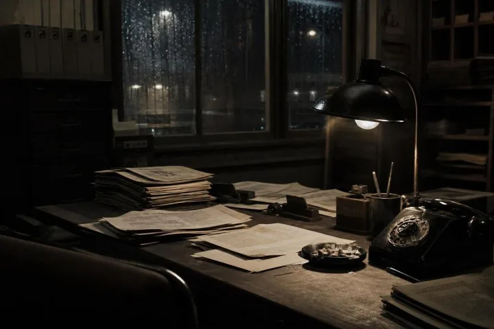 Scrivania notturna con documenti militari, telefono d'epoca e luce fredda da archivio