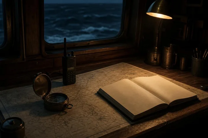 Mappa oceanica e quaderno radio illuminati da una lampada fioca