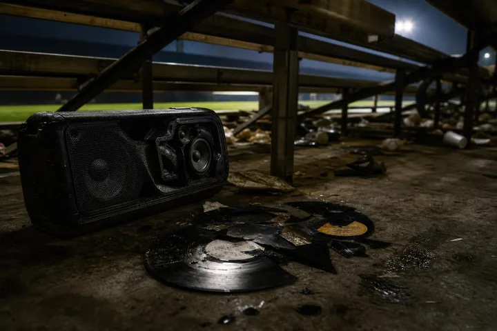 Una vecchia cassa acustica danneggiata sotto gradinate di cemento con frammenti di vinile sparsi
