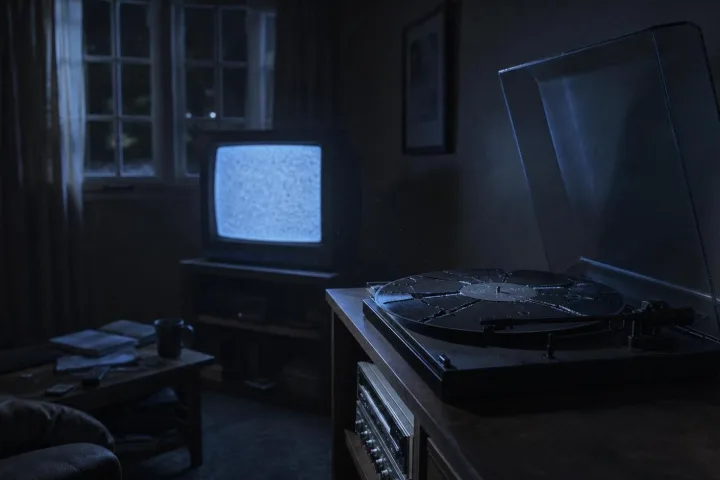Un giradischi acceso in una stanza buia con un vinile nero ricomposto sul piatto
