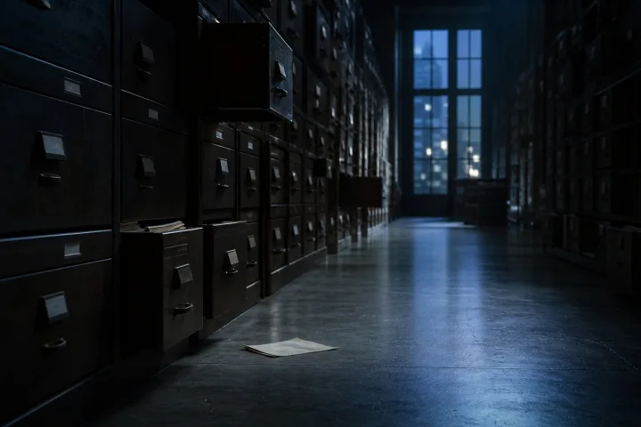 Archivio vittoriano con fascicoli e luce fredda su una scrivania